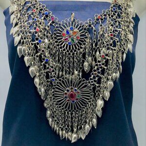 Vintage Oversized Bib Necklace, Tribal Necklace Embellished with Leaf Style Dang